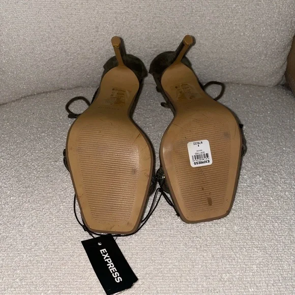 Express Suede and Crystal Strappy Sandal Heel in Olive - Picture 4 of 5